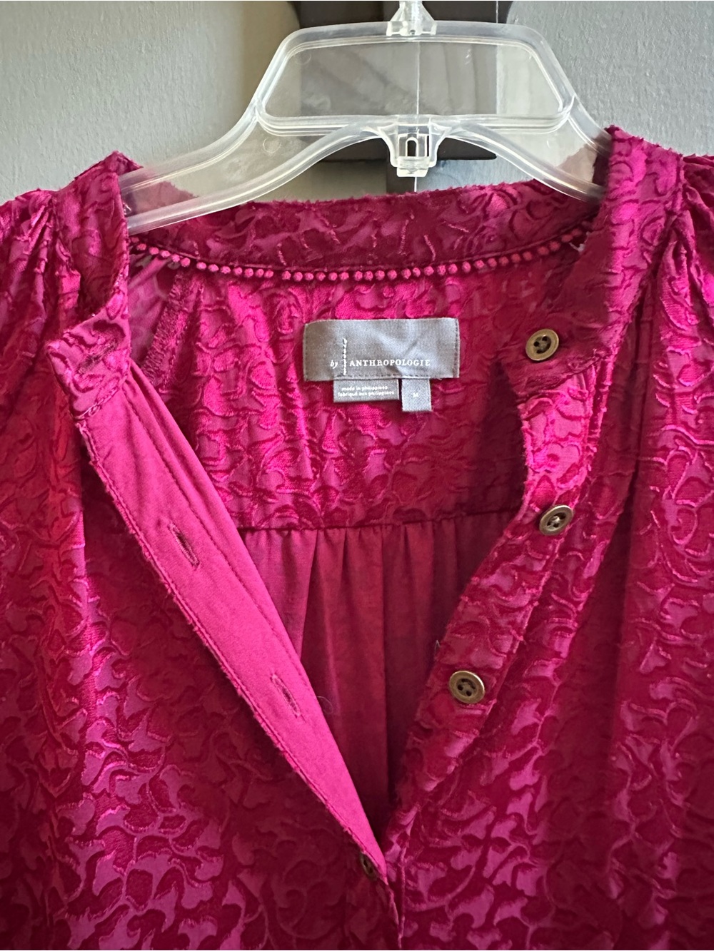 Anthropologie Fuchsia Embossed Button-Front Blouse